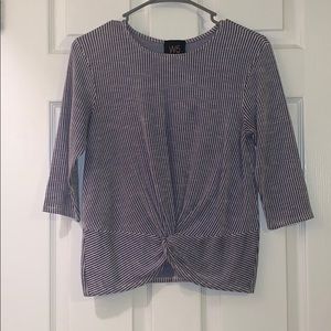 Blue and white striped 3/4 length sleeve shirt